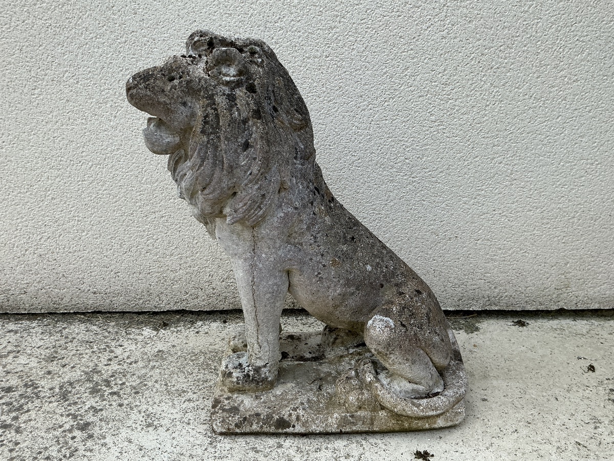 Lion  en pierre reconstituée décor de jardin début XX ème -photo-4