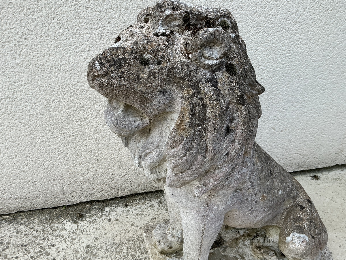 Lion  en pierre reconstituée décor de jardin début XX ème -photo-3