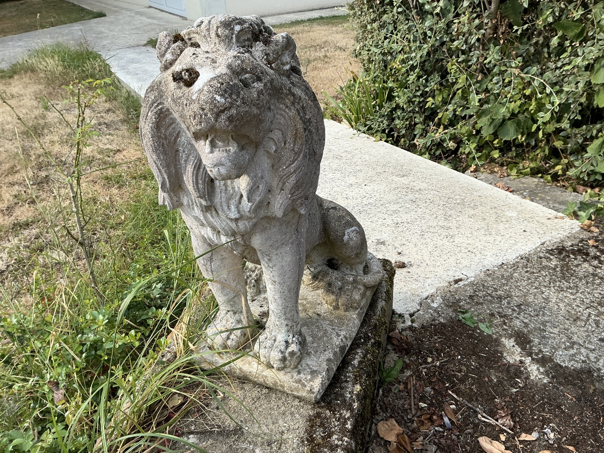Lion  en pierre reconstituée décor de jardin début XX ème 