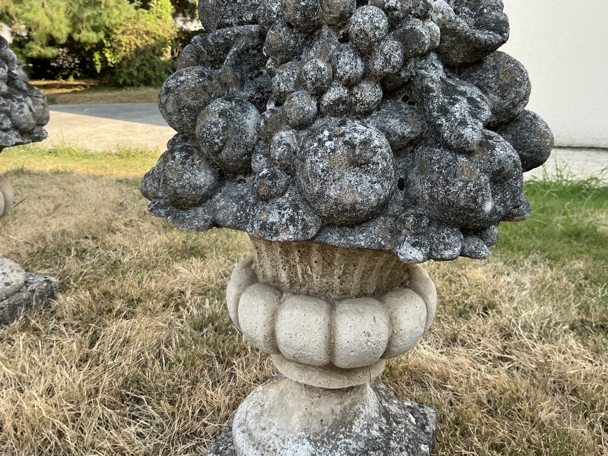 Pair Of Bouquets Made Of Reconstituted Stone, Garden Ornaments, 20th Century -photo-2