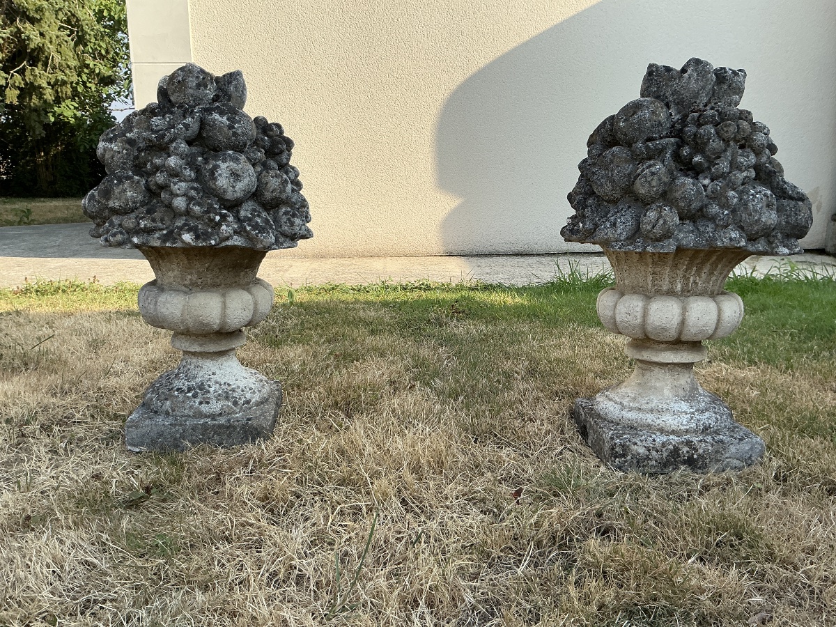 Pair Of Bouquets Made Of Reconstituted Stone, Garden Ornaments, 20th Century -photo-4