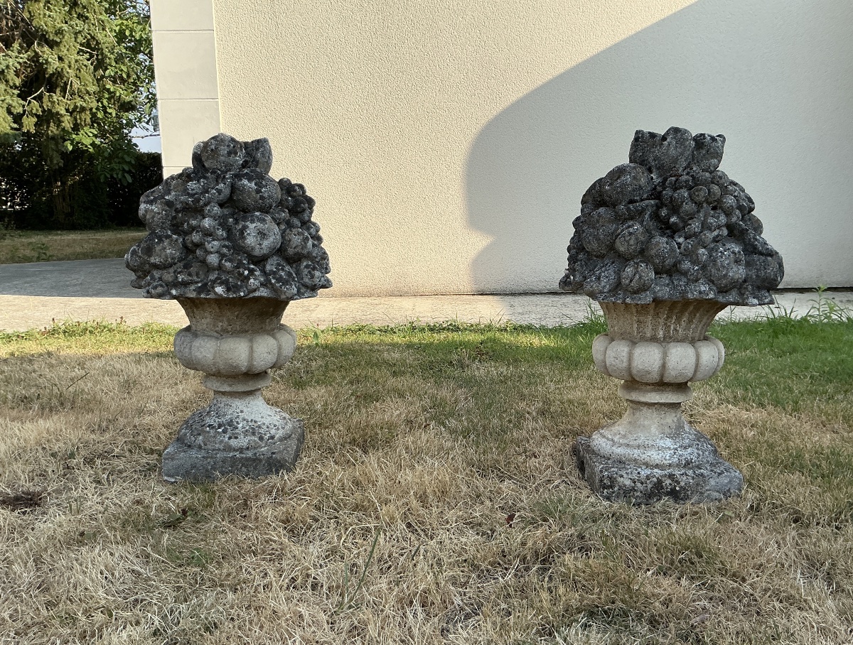 Pair Of Bouquets Made Of Reconstituted Stone, Garden Ornaments, 20th Century -photo-3