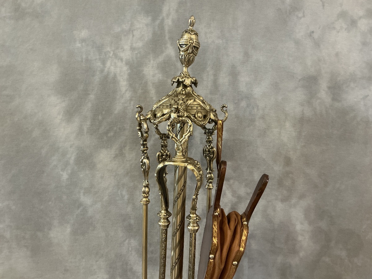 Serviteur de cheminée ancien comprenant 5 pièces de style Louis XVI d’époque 19 ème-photo-2