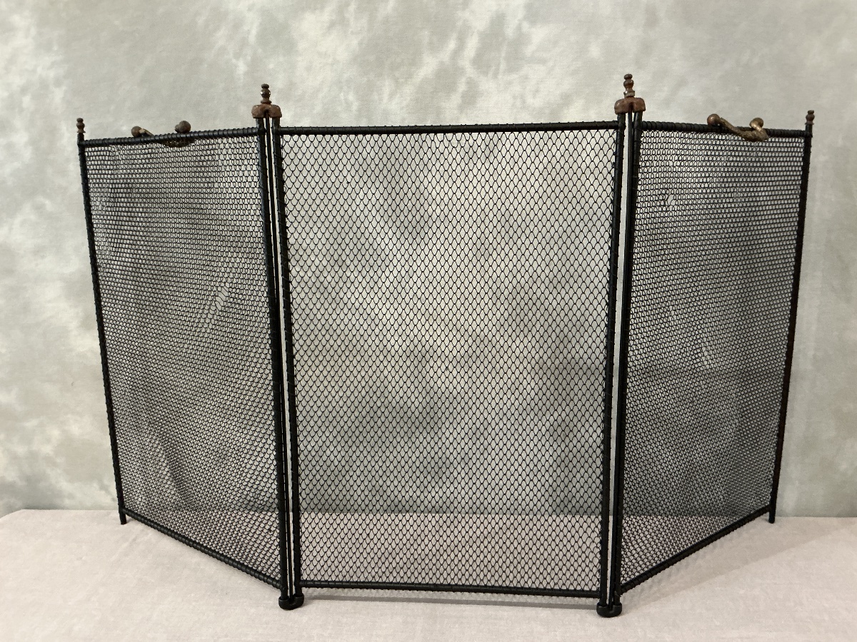 Antique Rustic Iron Fireplace Screen, Painted Black, 19th Century 