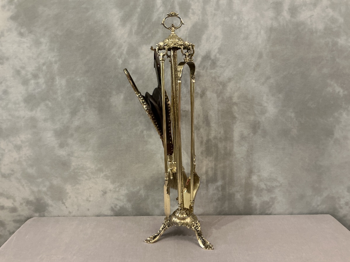 Serviteur de cheminée ancien 5 pièces d’époque 19 ème en laiton -photo-2