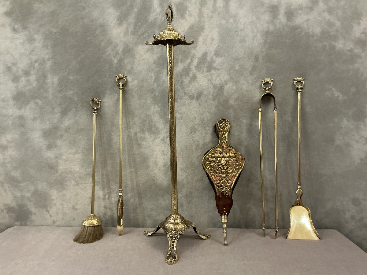 Serviteur de cheminée ancien 5 pièces d’époque 19 ème en laiton -photo-3