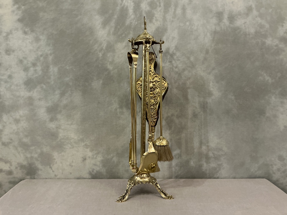 Serviteur de cheminée ancien 5 pièces d’époque 19 ème en laiton -photo-4