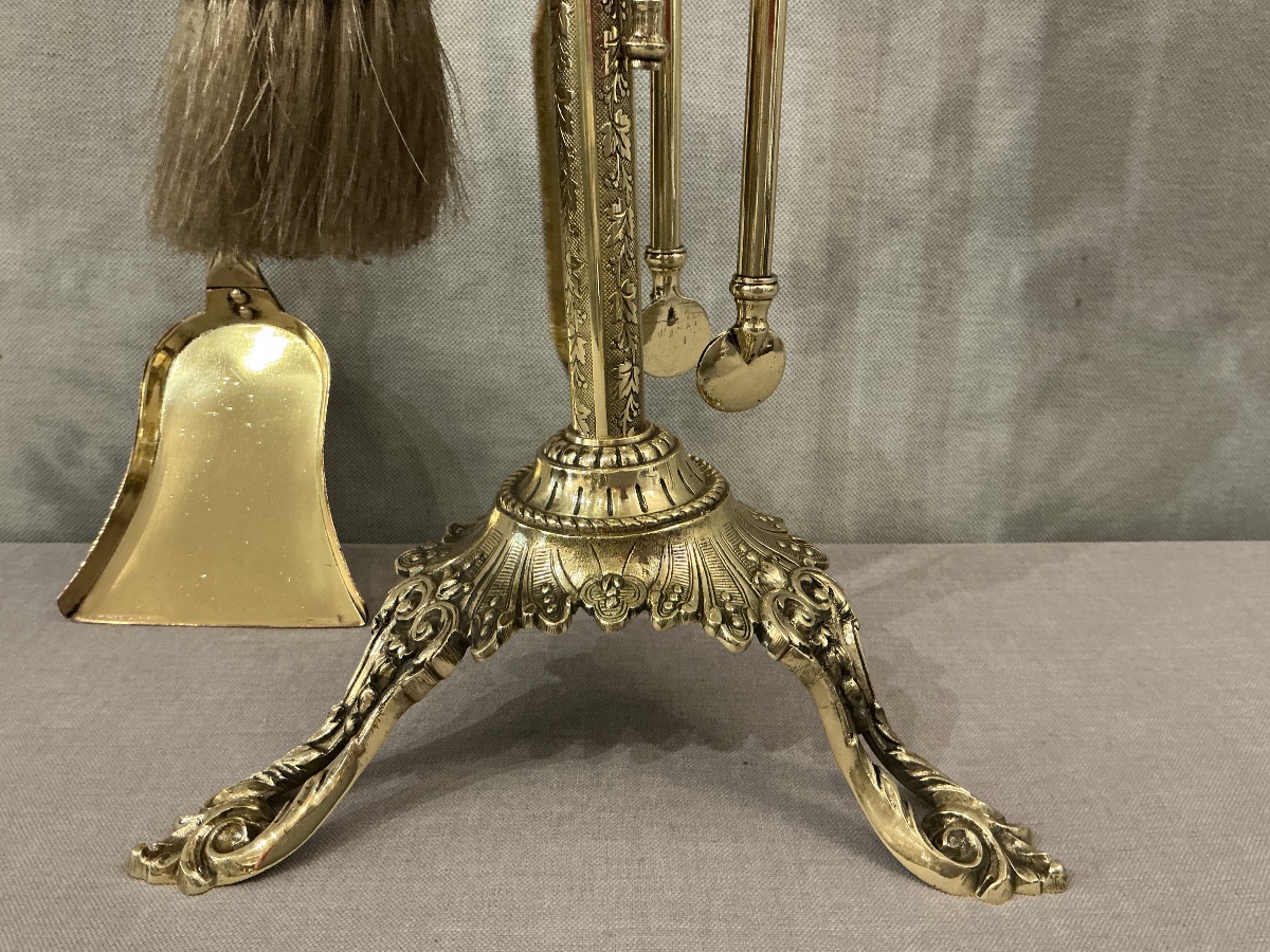 Serviteur de cheminée ancien 5 pièces d’époque 19 ème en laiton -photo-4