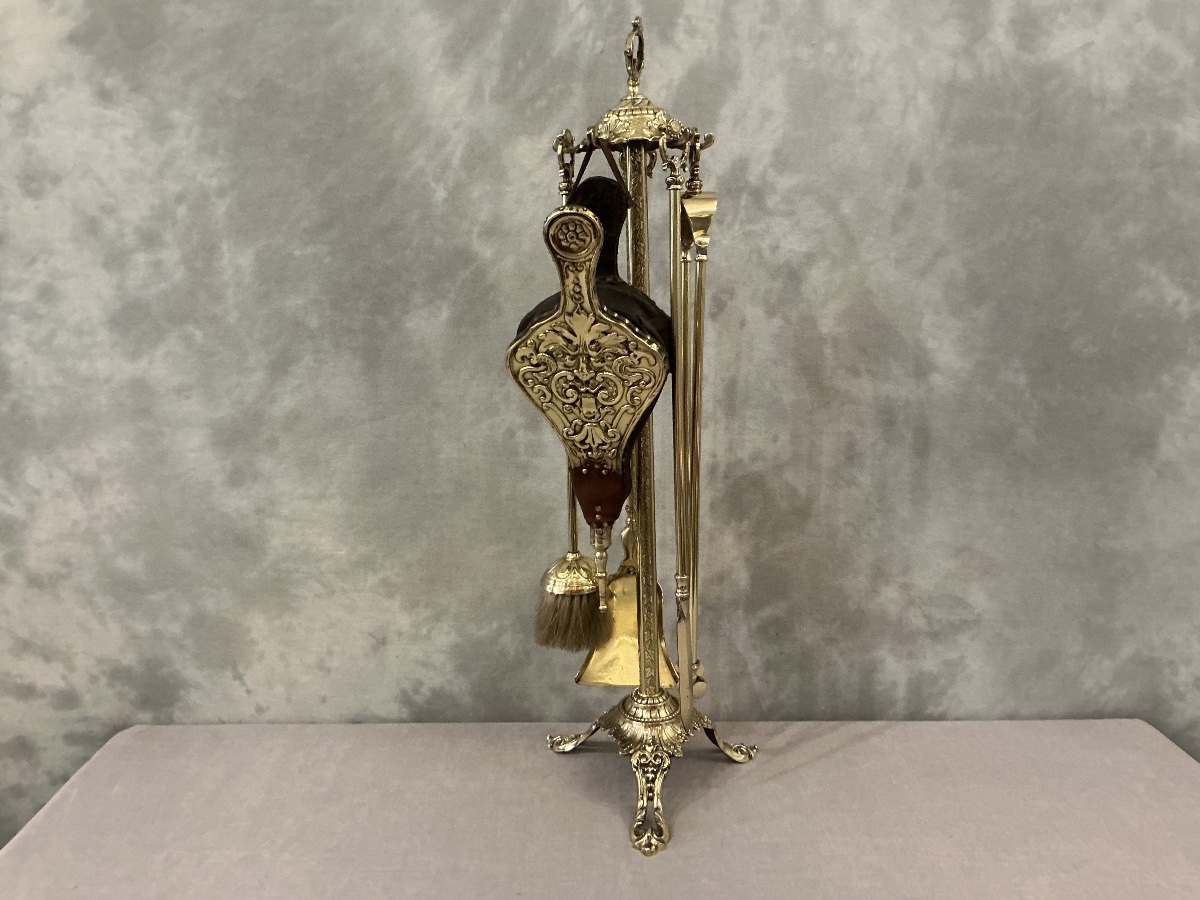 Serviteur de cheminée ancien 5 pièces d’époque 19 ème en laiton 