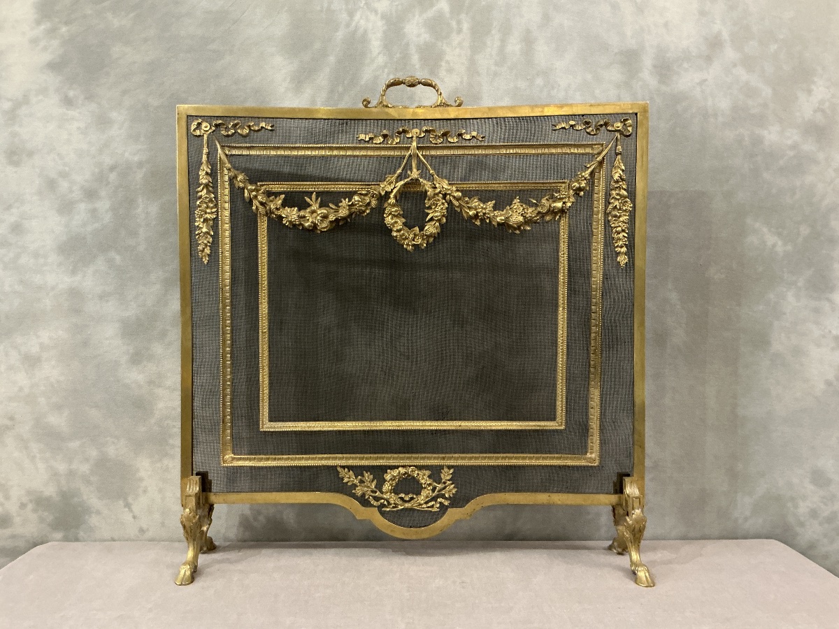 Écran de cheminée en bronze d’époque 19 ème de style Louis XVI 