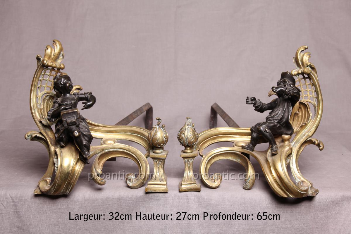 Pair Of Andirons In Bronze Period Napoleon III 19th-photo-2