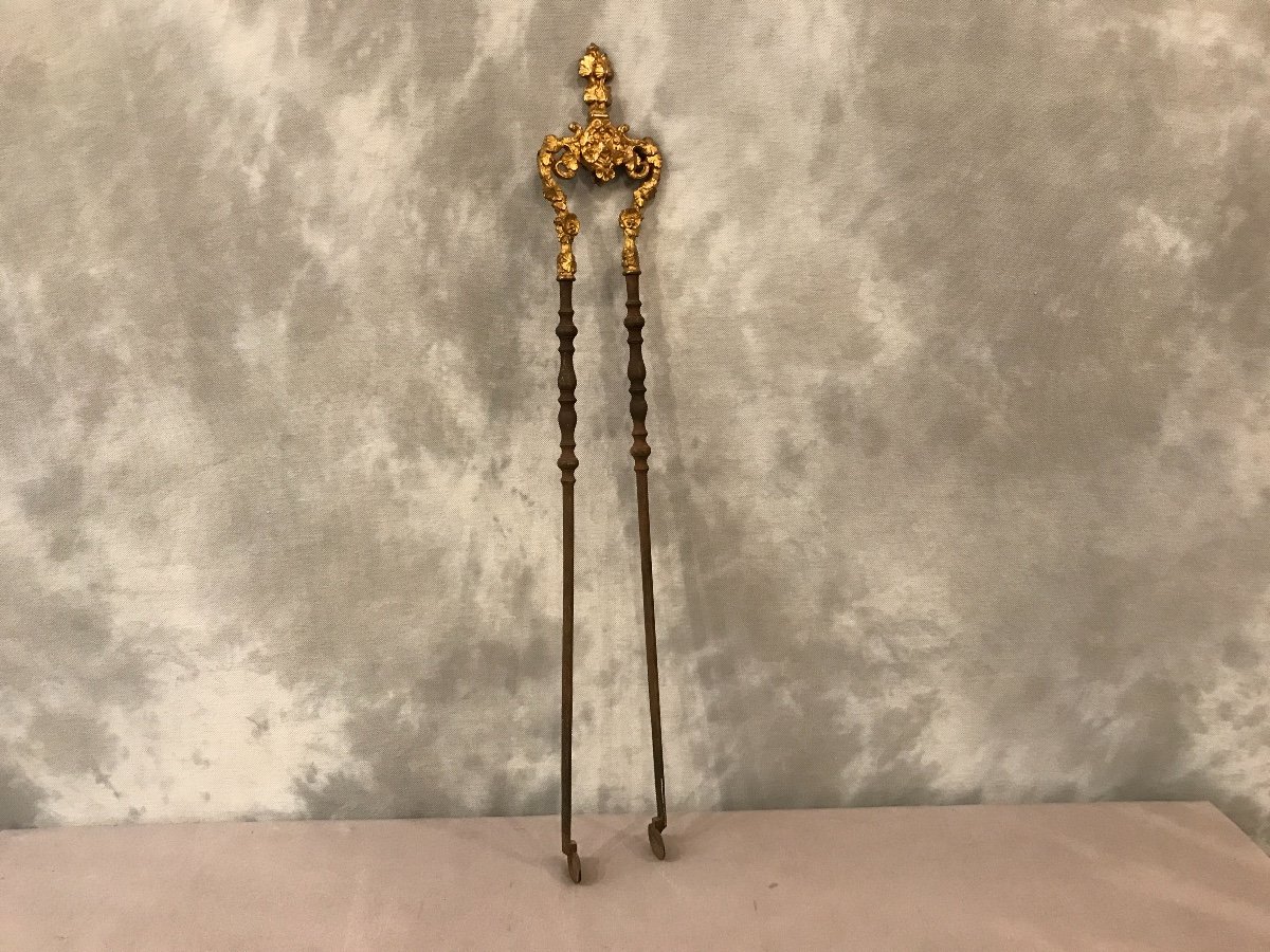 Pince de cheminée ancienne en laiton d'époque 19 ème-fr