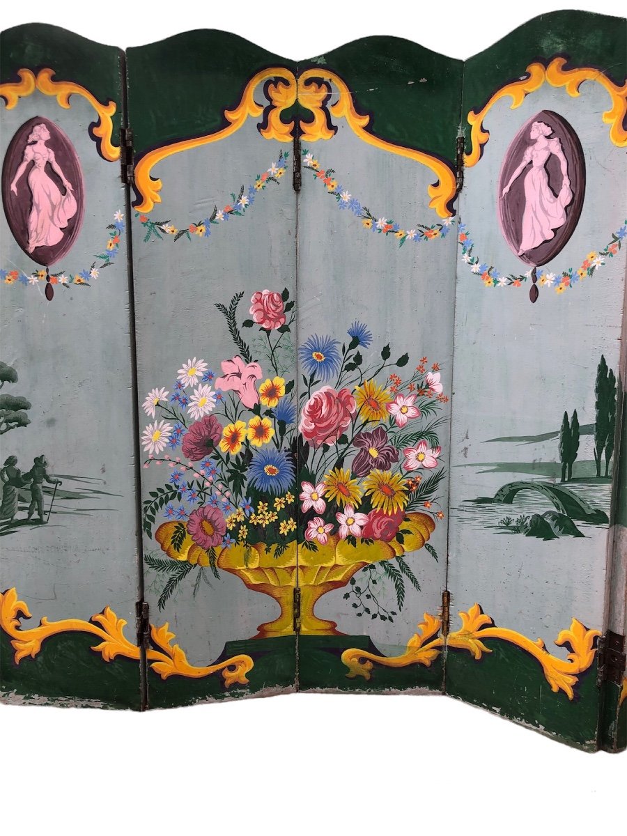 Pair Of Wooden Folding Screen Painted Late 19th-photo-2