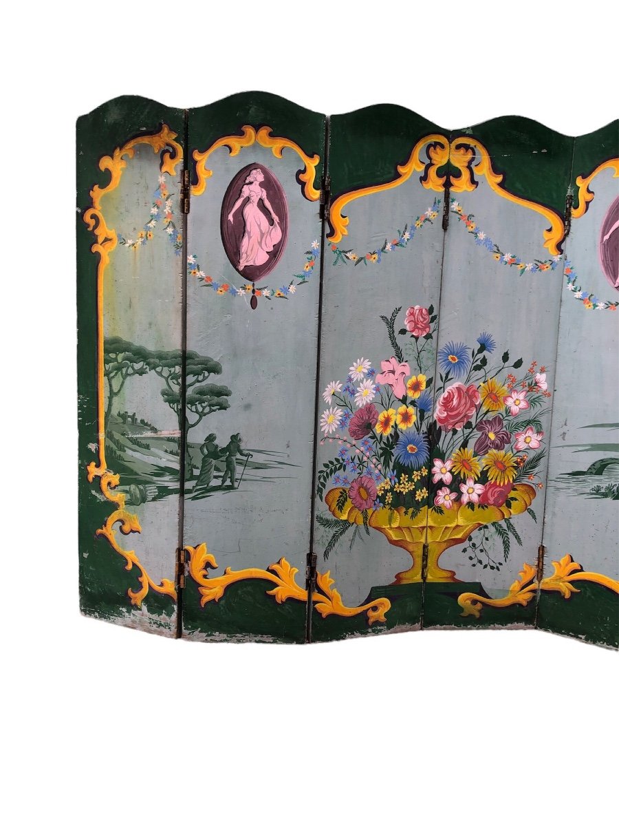 Pair Of Wooden Folding Screen Painted Late 19th-photo-4