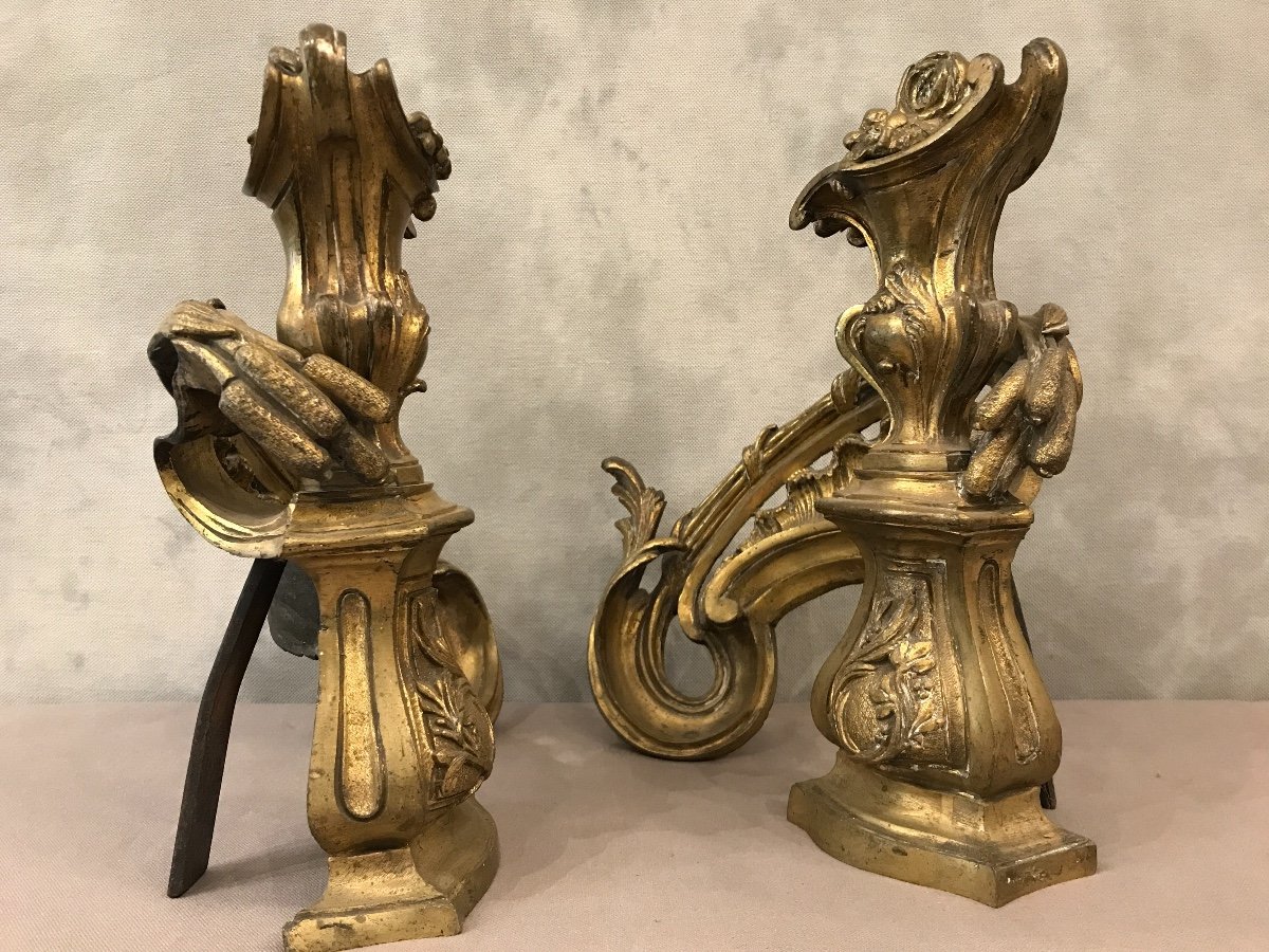 Pair Of Andirons Bronze Louis XV 19th-photo-2