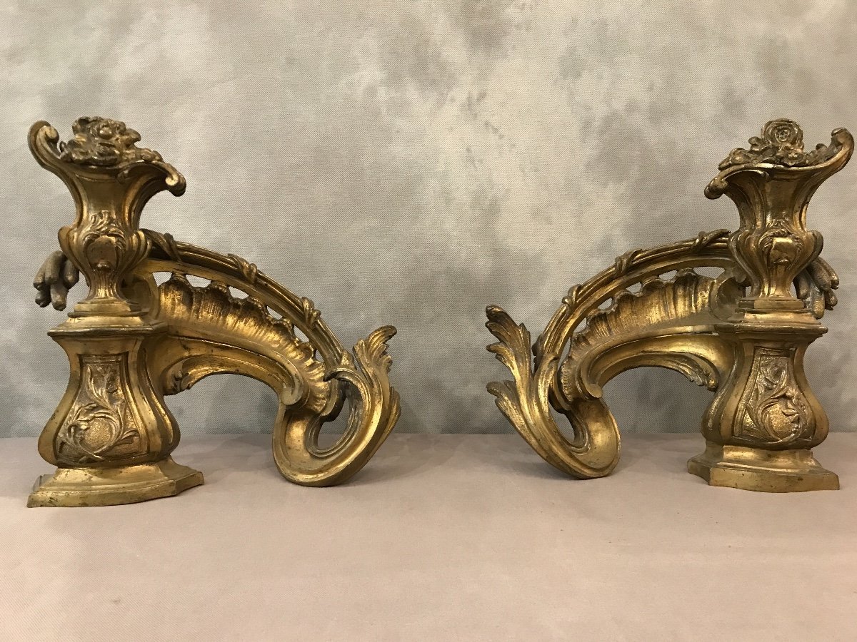 Pair Of Andirons Bronze Louis XV 19th