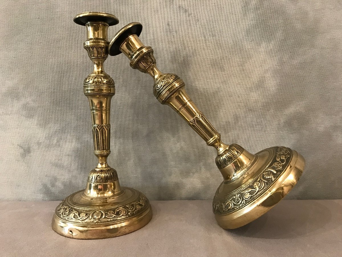 Pair Of Candlesticks Polished Brass And Varnish 19th-photo-4