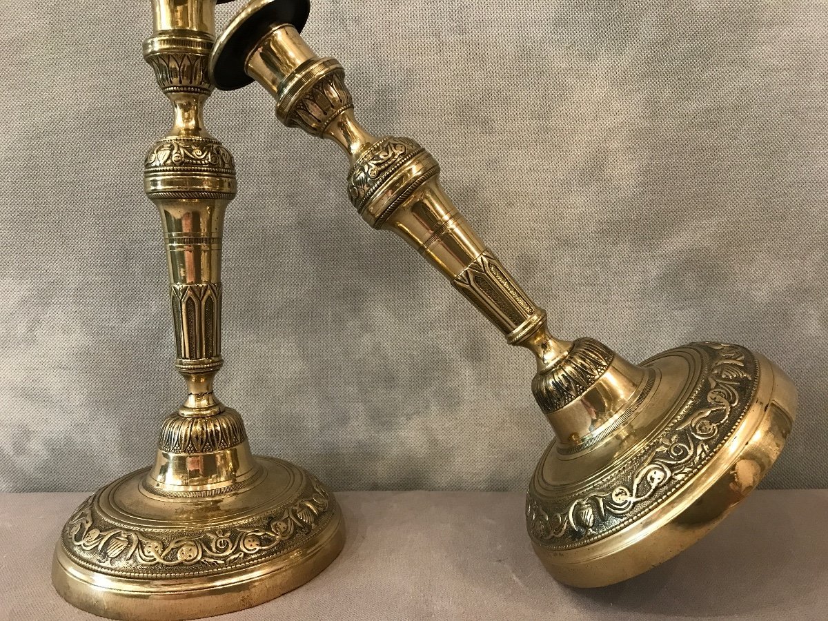 Pair Of Candlesticks Polished Brass And Varnish 19th-photo-1