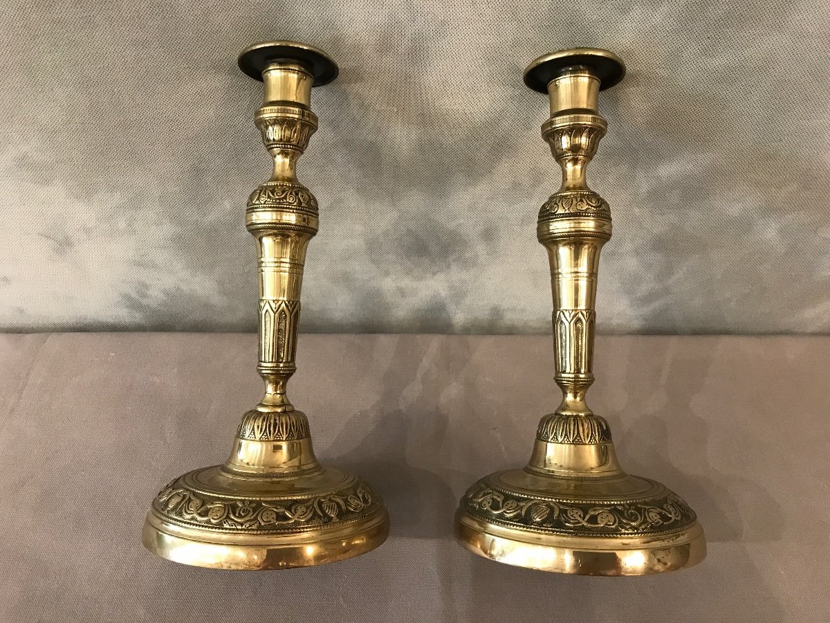 Pair Of Candlesticks Polished Brass And Varnish 19th-photo-3