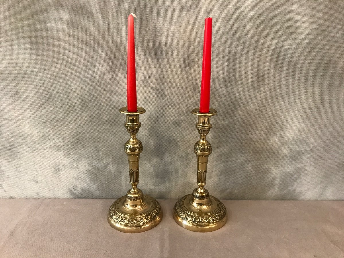 Pair Of Candlesticks Polished Brass And Varnish 19th