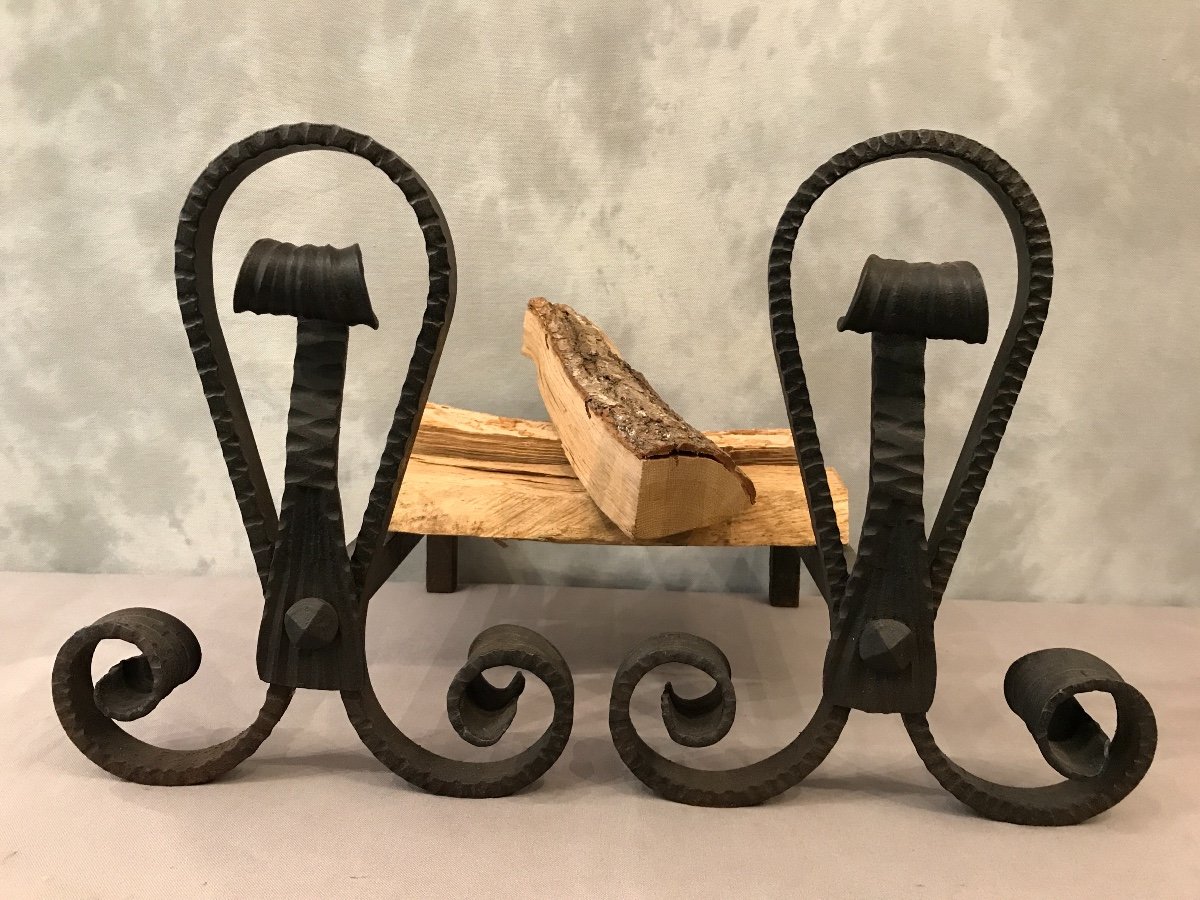 Pair Of Art Nouveau Andirons In Working Iron.