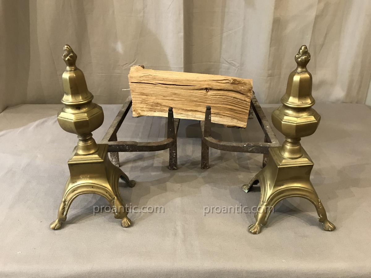 Chenets anciens En  Laiton Et Fer Double D’époque Louis XIV 17ème