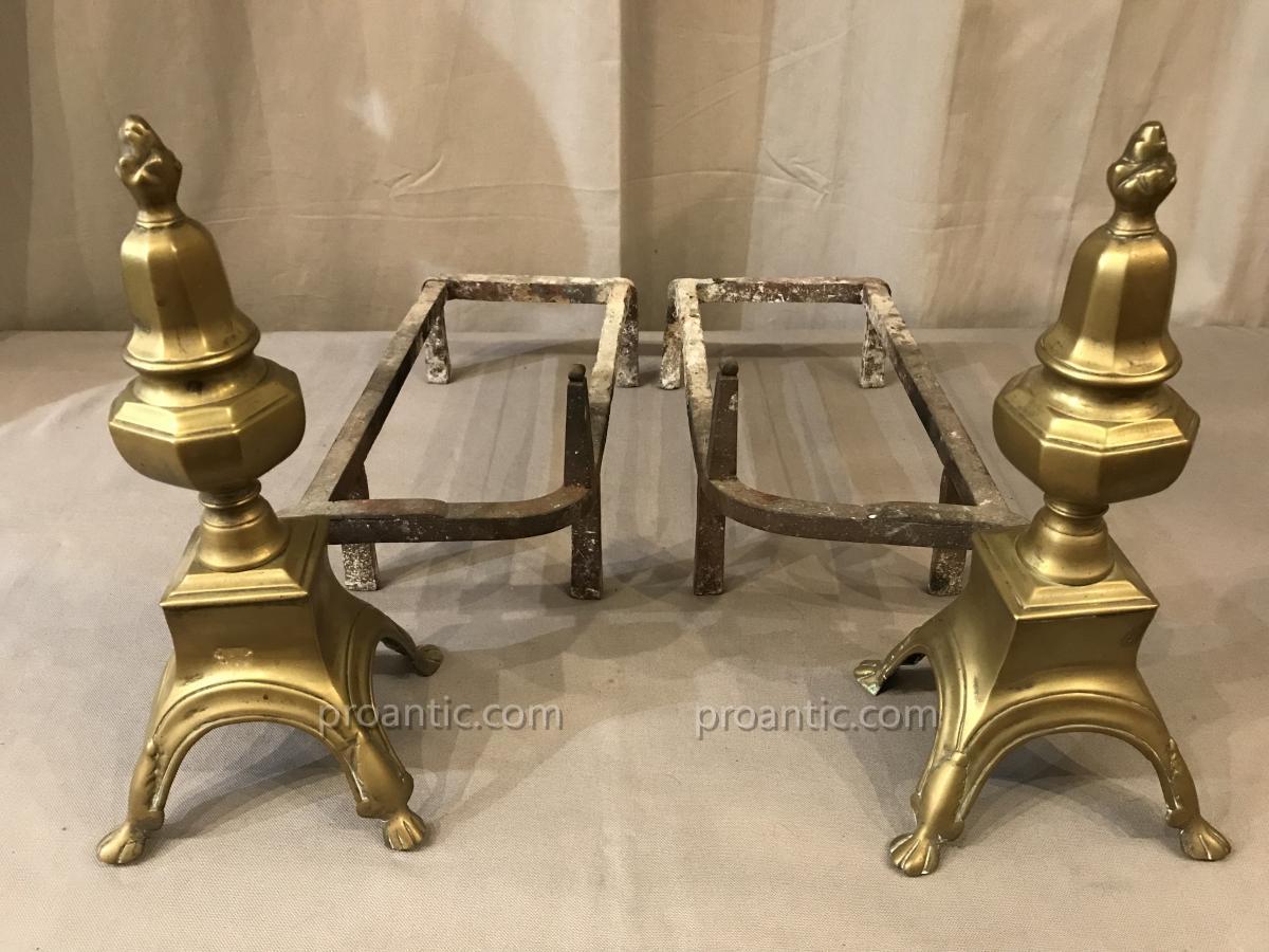Chenets anciens En  Laiton Et Fer Double D’époque Louis XIV 17ème-photo-4