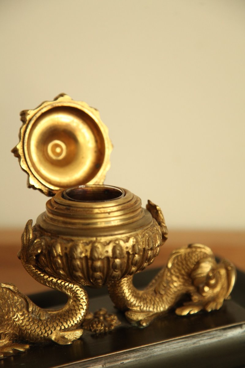 Inkwell In Gilt Bronze And Patina 19th Time-photo-3