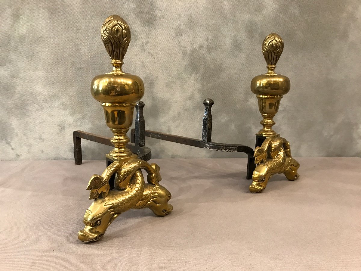 Pair Of Brass Andirons Period 19th-photo-1