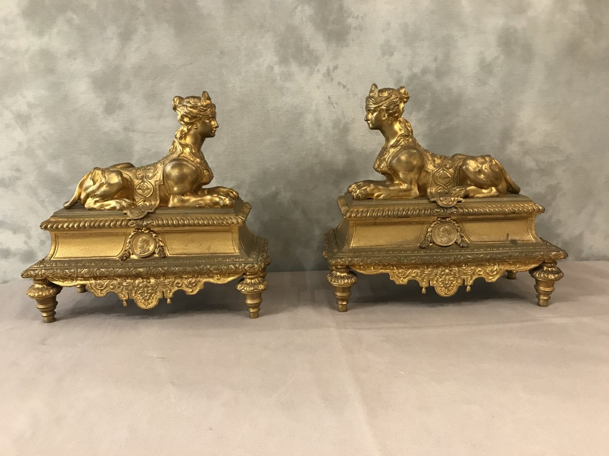 Andirons In Gilt Bronze With Sphinxes From The 19th Time-photo-2