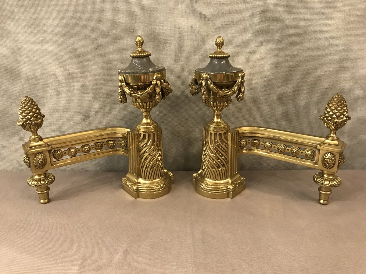 Andirons In Polished Bronze And Varnish From The 19th In Bronze And Marble-photo-2