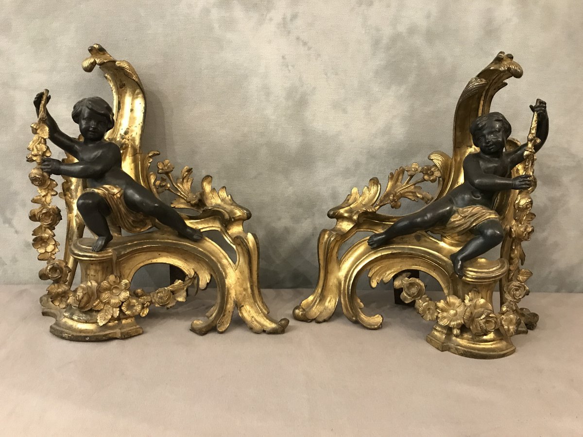 Pair Of Andirons In Gilt Bronze And Patinated Bronze From The 19th Time-photo-3