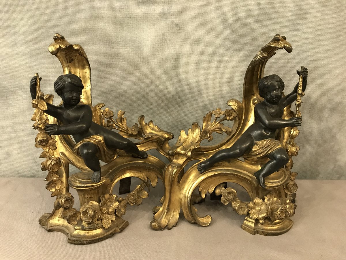 Paire De Chenets En Bronze Doré Et Bronze Patiné D’époque 19ème -photo-5