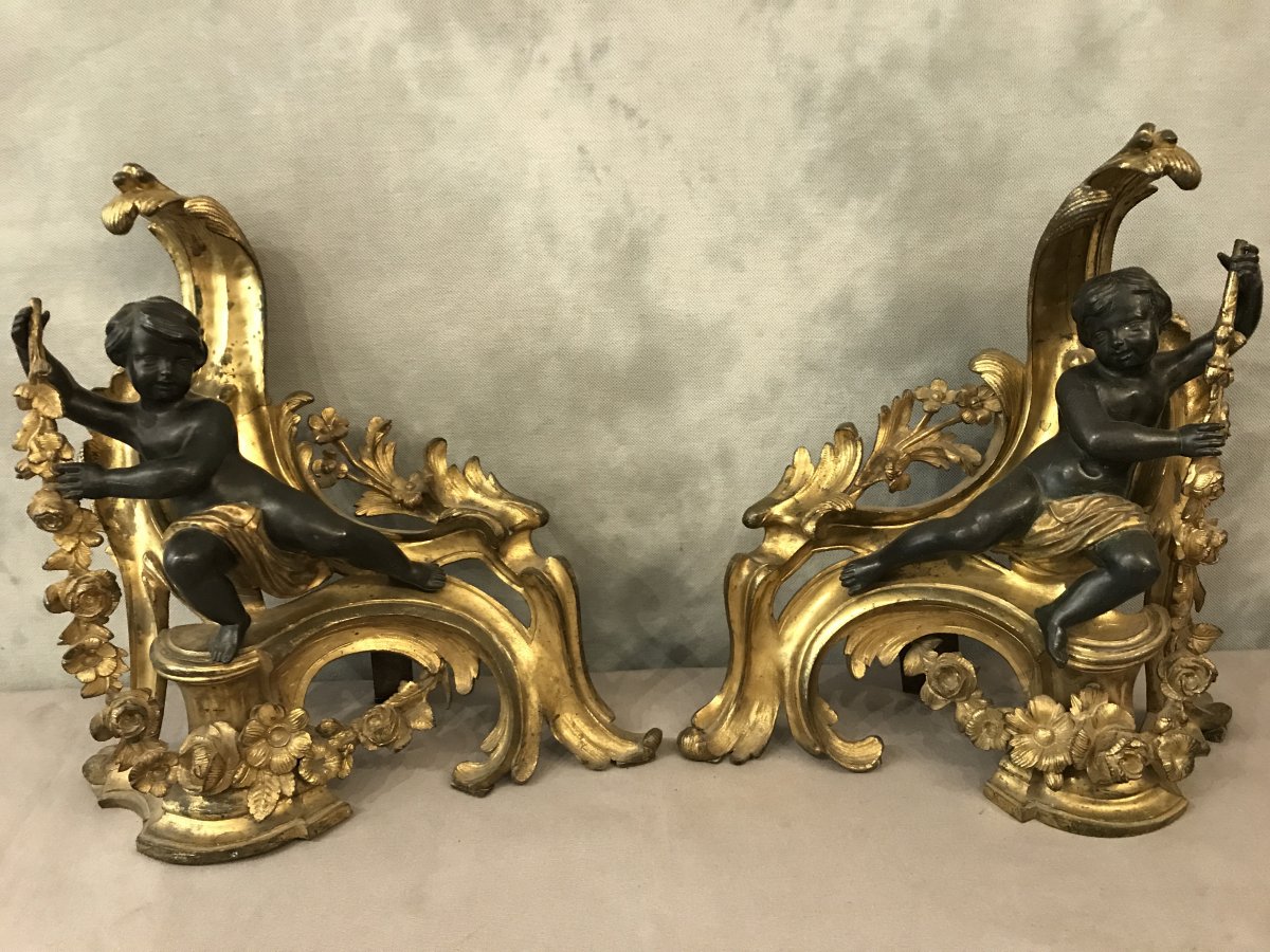 Pair Of Andirons In Gilt Bronze And Patinated Bronze From The 19th Time-photo-6