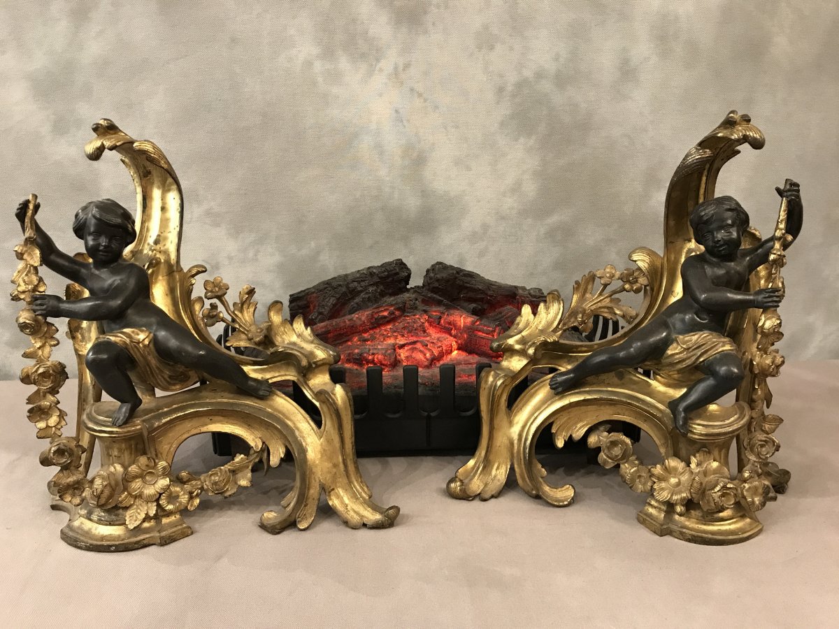 Pair Of Andirons In Gilt Bronze And Patinated Bronze From The 19th Time