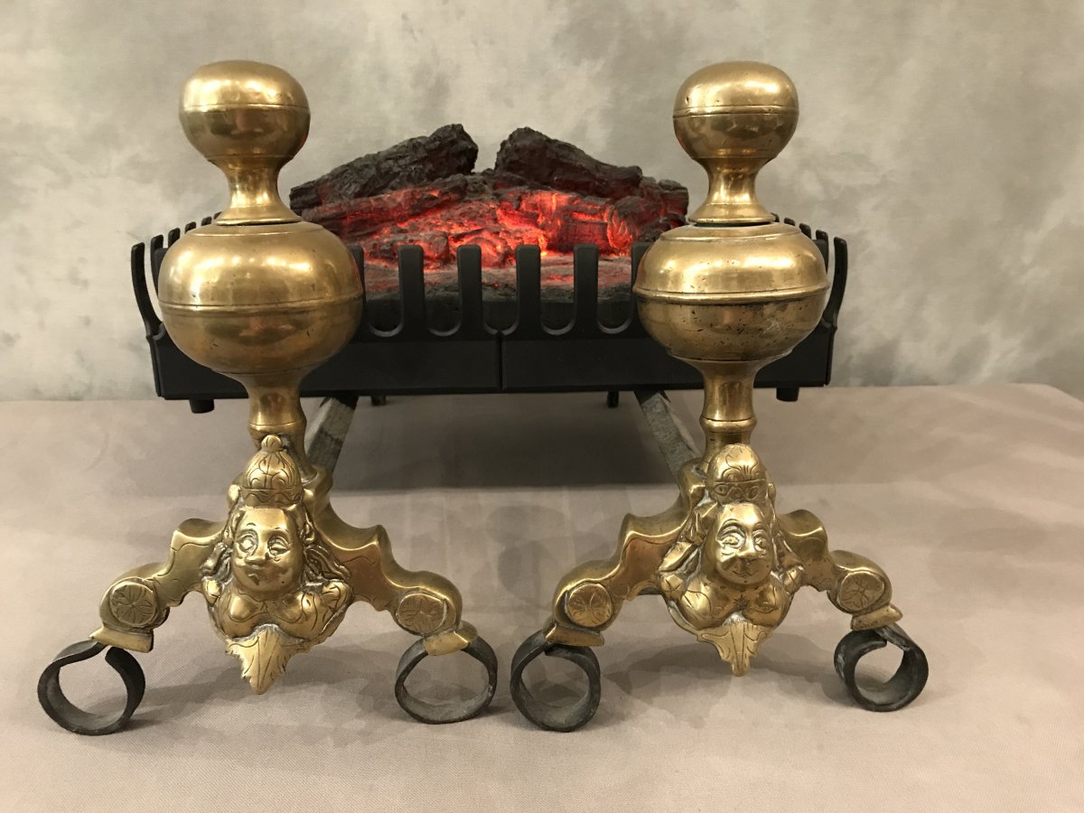 Pair Of Vintage Brass Andirons 17th Model With Marmosets-photo-2