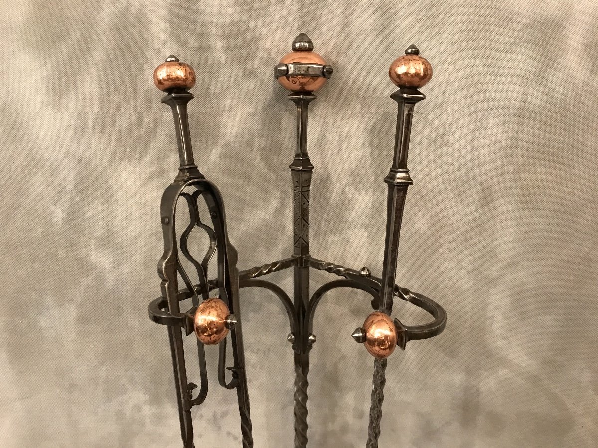 Copper Ball Iron Fireplace Servant From 1900-photo-2