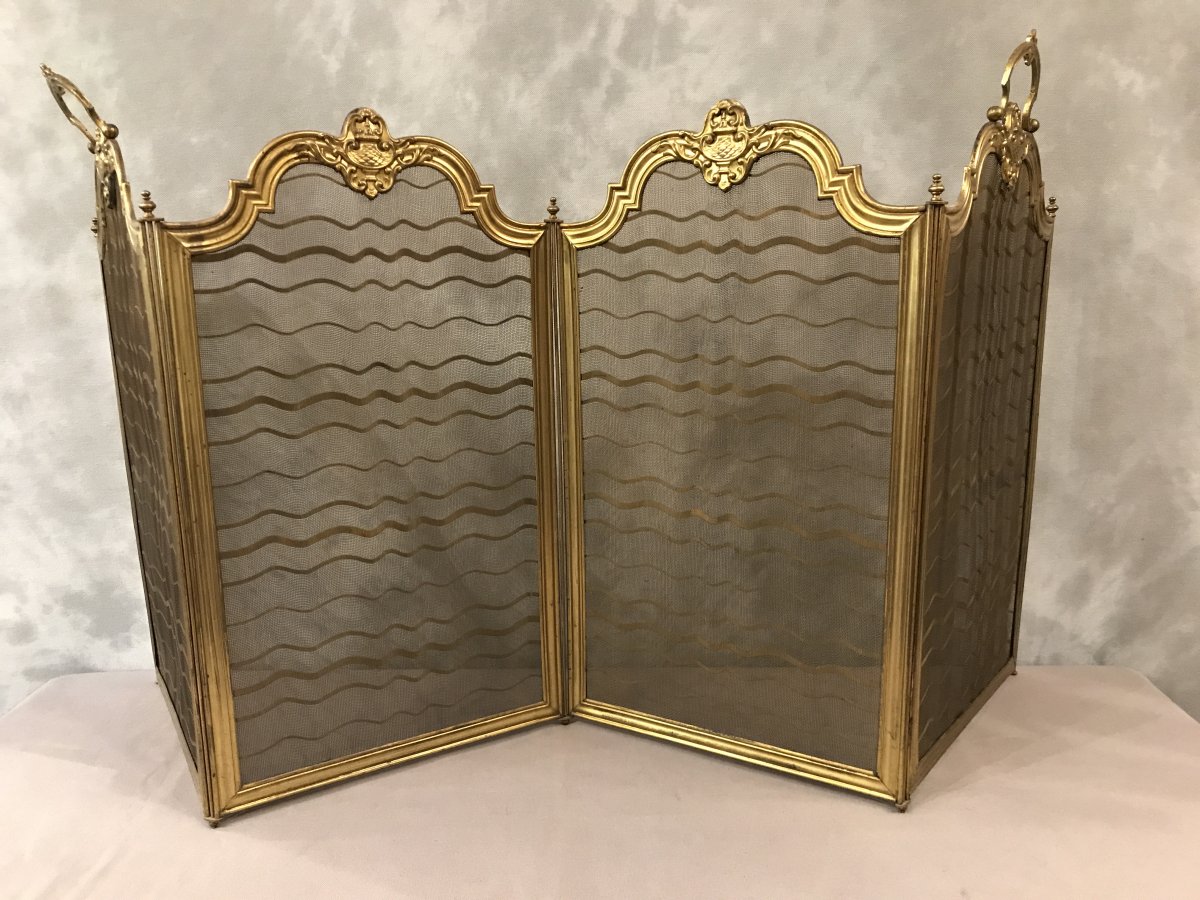 Antique 19th Time Fireplace Screen In Golden Brass