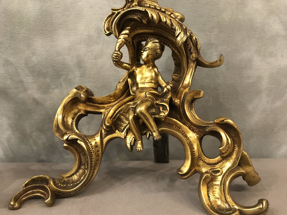 Pair Of Andirons In Gilt Bronze From The 19th Time With Decor Of Characters-photo-3