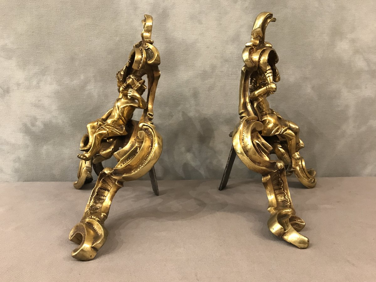 Pair Of Andirons In Gilt Bronze From The 19th Time With Decor Of Characters-photo-1