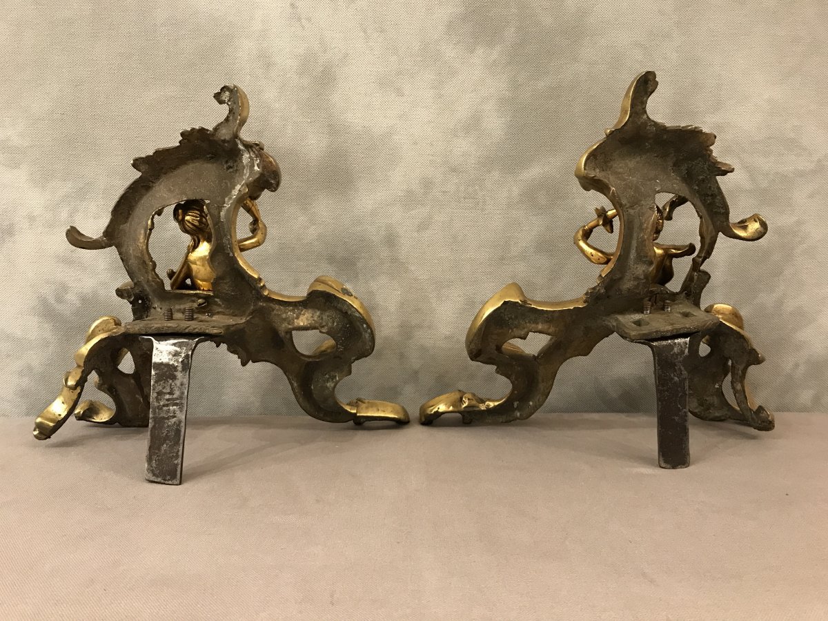 Pair Of Andirons In Gilt Bronze From The 19th Time With Decor Of Characters-photo-2