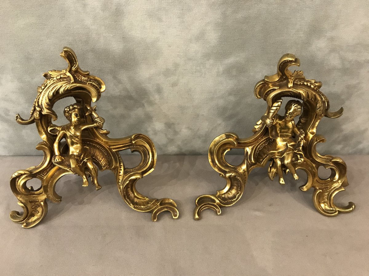 Pair Of Andirons In Gilt Bronze From The 19th Time With Decor Of Characters-photo-4