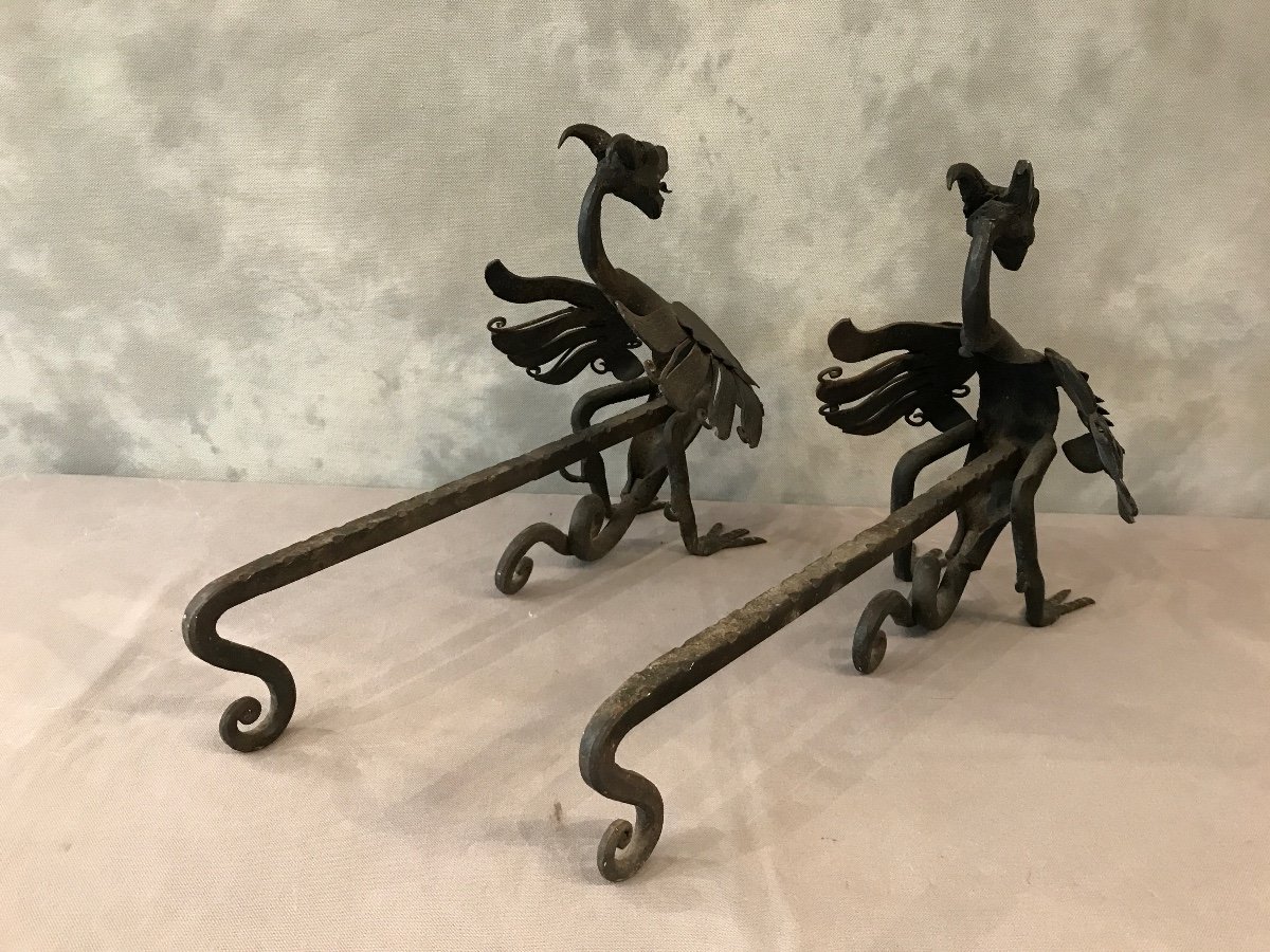 Pair Of Iron Andirons Around 1950 Model With Dragons-photo-1