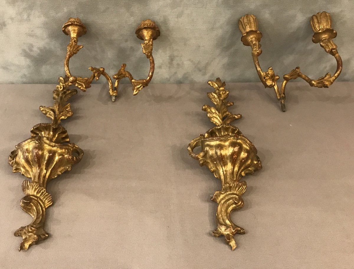 Pair Of Golden Wood Sconces From The Twentieth Century-photo-3