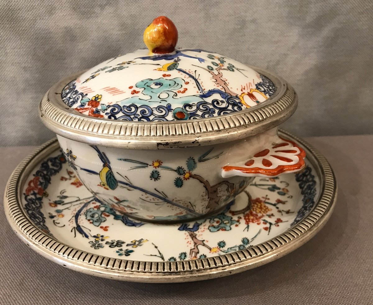 Bol à Bouillon De Mehun Et Son Assiette En Porcelaine Et Argent Massif D’époque Fin 19ème -photo-2