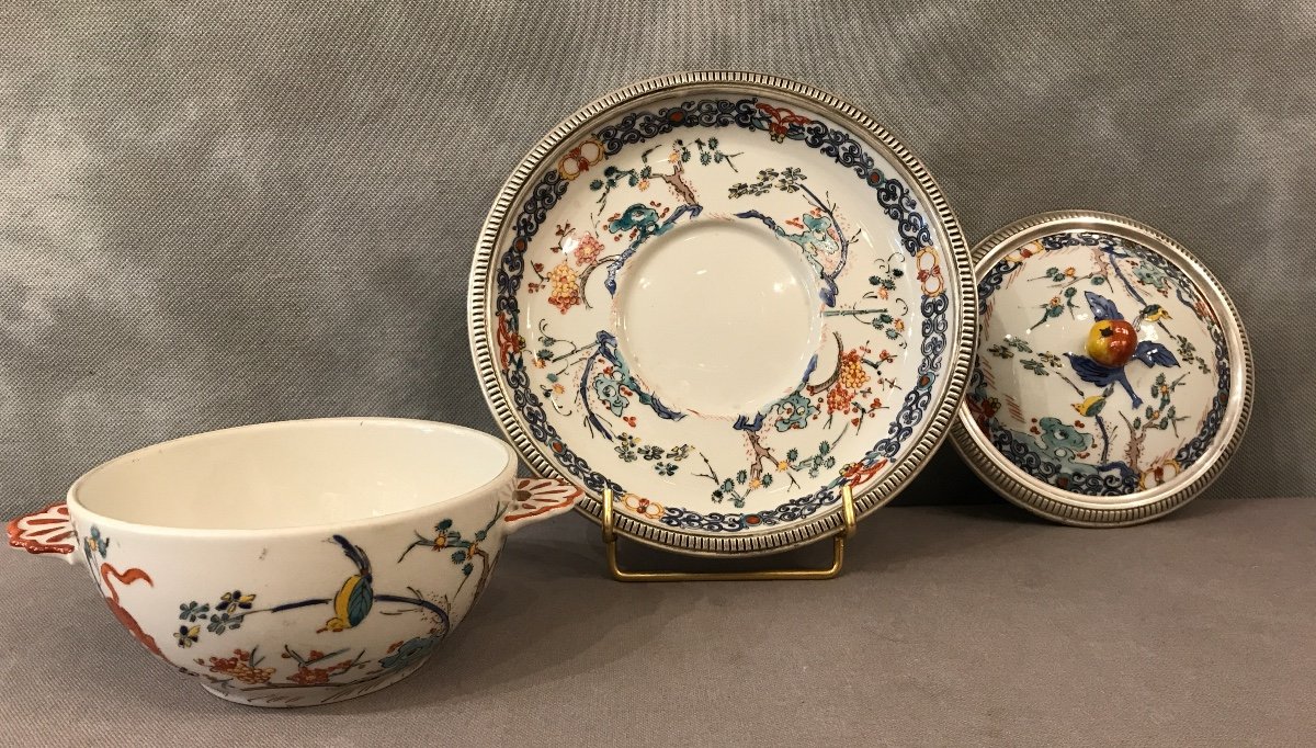 Bol à Bouillon De Mehun Et Son Assiette En Porcelaine Et Argent Massif D’époque Fin 19ème -photo-1