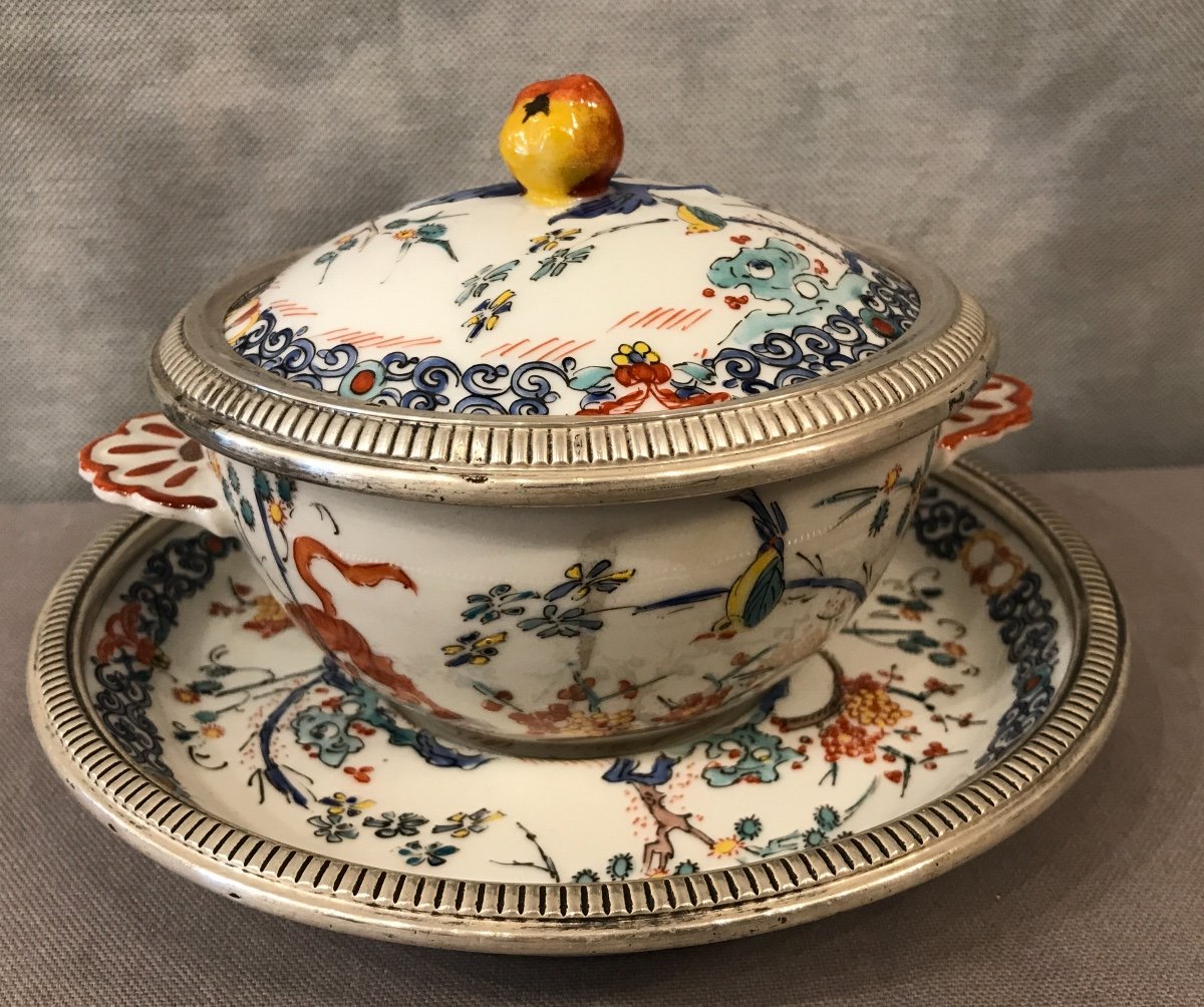 Bol à Bouillon De Mehun Et Son Assiette En Porcelaine Et Argent Massif D’époque Fin 19ème 