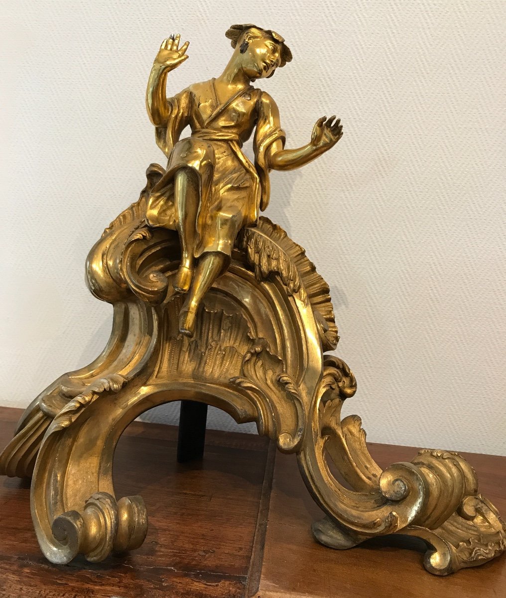 Pair Of Large Andirons In Gilt Bronze With Chinese From The 19th Time-photo-2