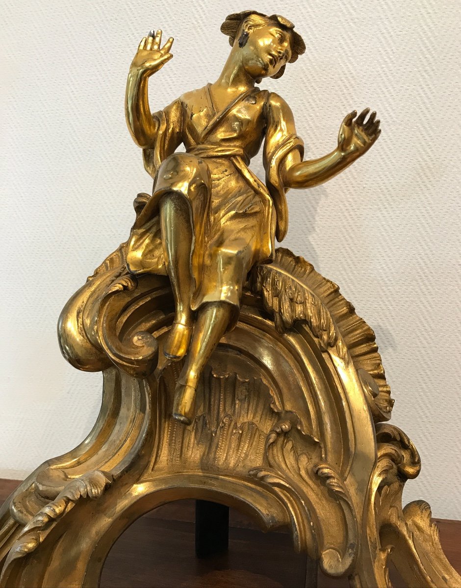 Paire De ravissants de feux De cheminée En Bronze Doré Aux Chinois D’époque 19ème -photo-3