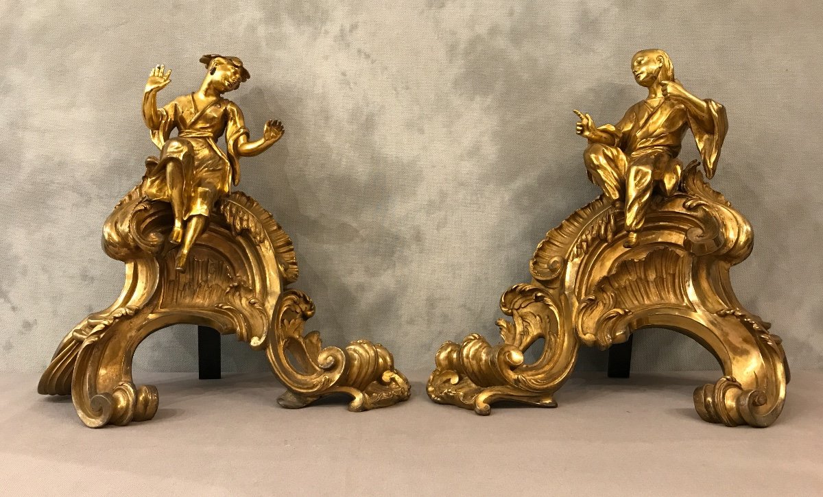 Pair Of Large Andirons In Gilt Bronze With Chinese From The 19th Time